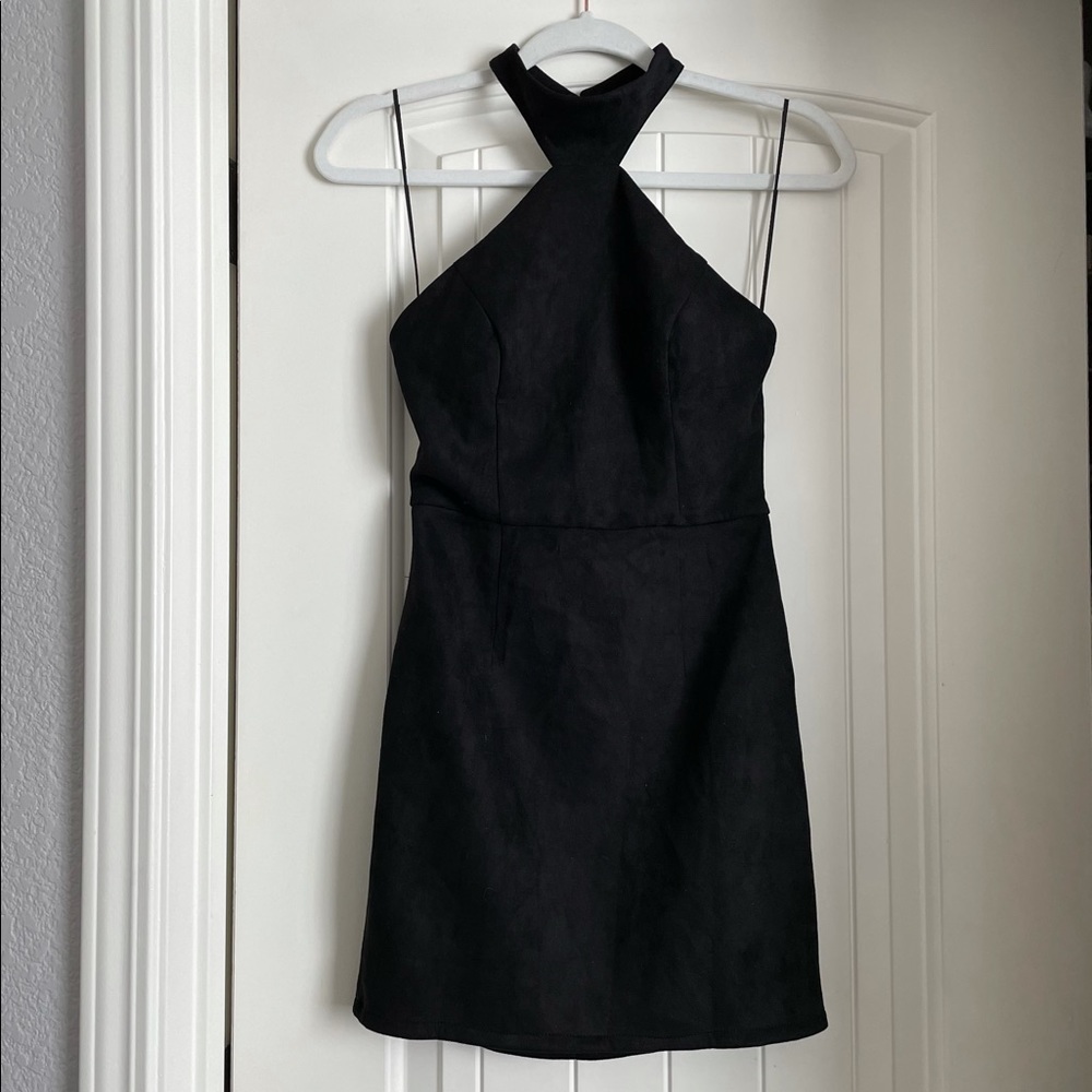 LF black suede halter mini dress